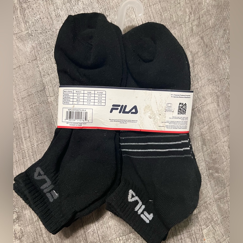 🆕FILA 6 PAIR QUARTER SOCKS STYLE #43FL337240TA BLACK SOCK SHOE Size 8-12 NWT